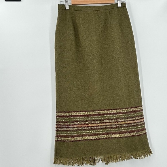 𝅺SAG Harbor Wool Blend Fully Lined Green Pencil Skirt w/Emb and Fringe Size 6P - Picture 1 of 11